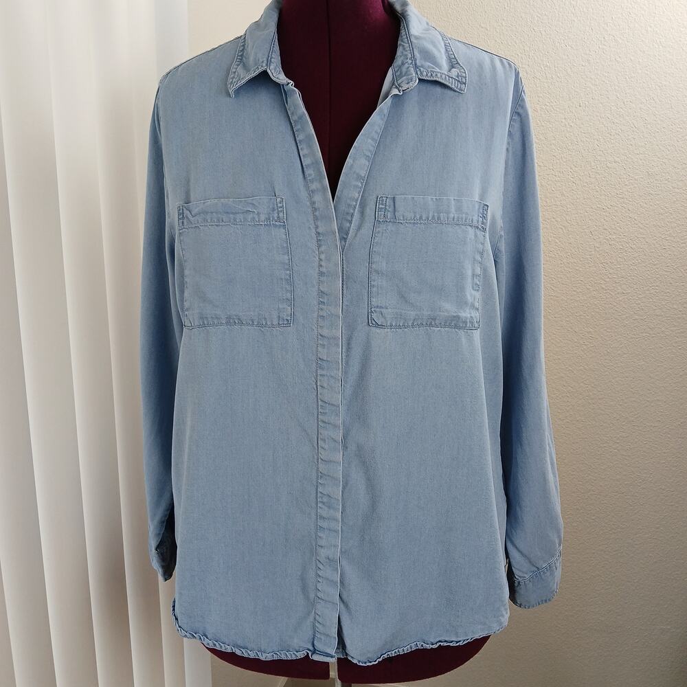 Lola River Chambray Shirt XL blue denim Tencel Lyocell blouse roll sleeve button - Picture 6 of 13